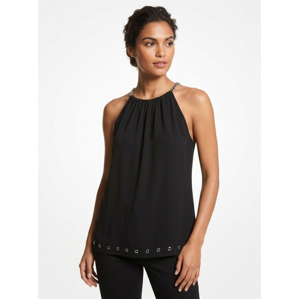 Michael Kors Black Chain-Strap Halter Top with Grommet Hem -‎ Small